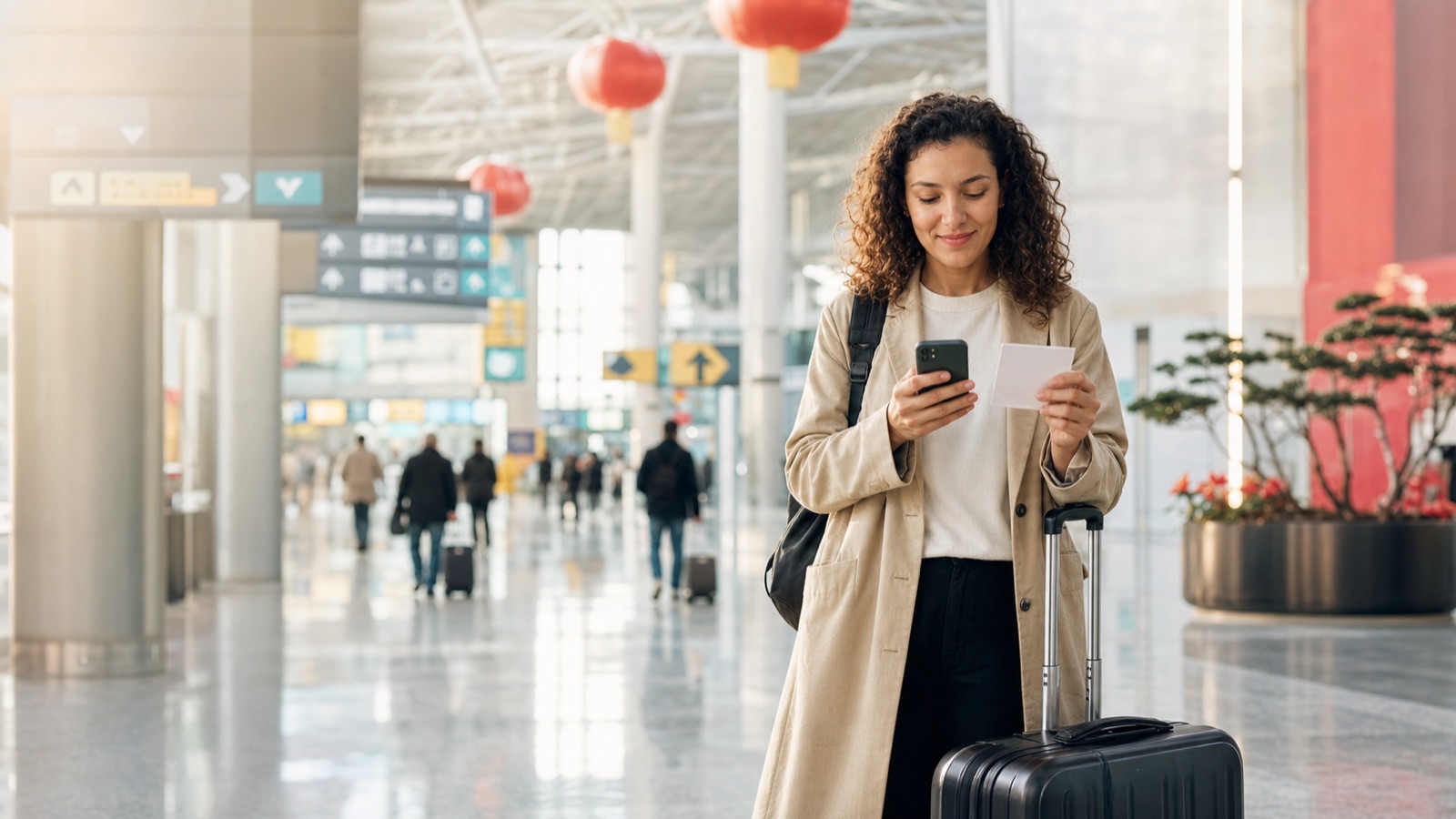 International traveler checking her phone and hotel details after arriving at a modern Chinese airport