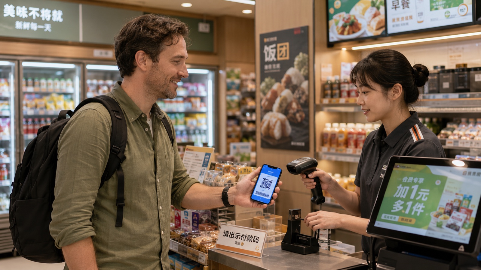 Foreign traveler showing a mobile payment code to a cashier at a convenience store in China