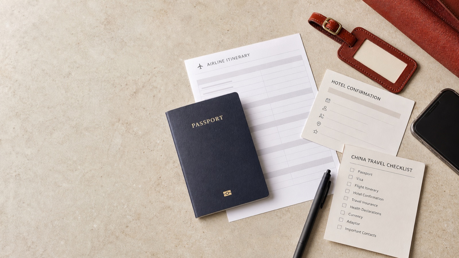 Passport, flight itinerary, hotel confirmation, luggage tag, and China travel checklist arranged for a trip