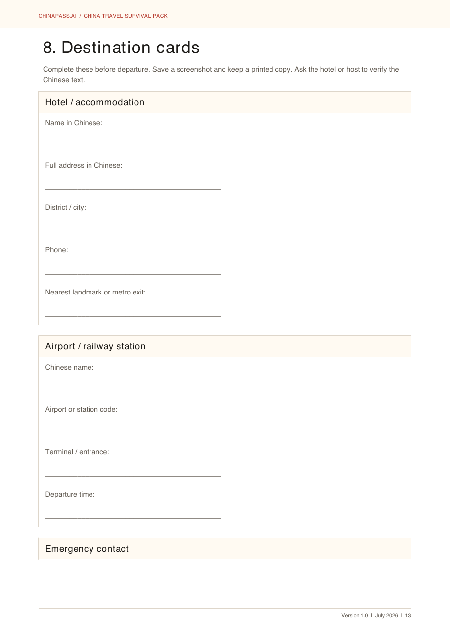 Printable destination card preview