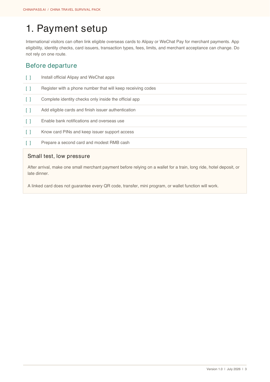 Payment setup checklist preview
